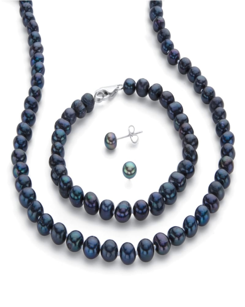 Front of a size 18 in Genuine Black Cultured Pearl Silvertone Earring, Necklace and Bracelet Set 18" in Black by PalmBeach Jewelry. | dia_product_style_image_id:297147